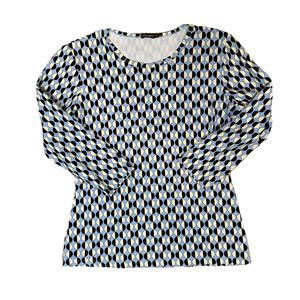 J. McLaughlin Top XS Blue Black Long Sleeve Blouse Stretch Women's USA Made